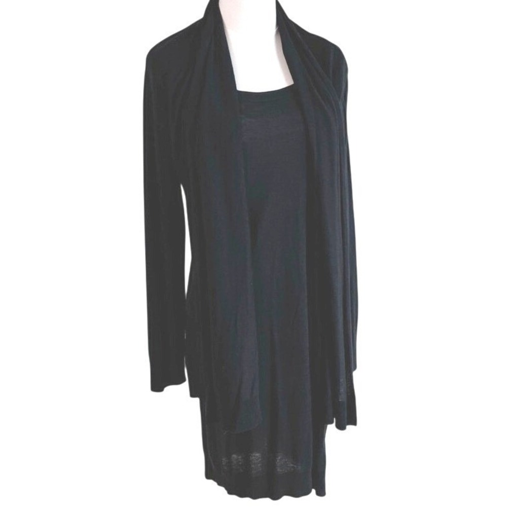 DKNY‎ Cashmere Silk Black Knit Dress Built in Cardigan M Luxe